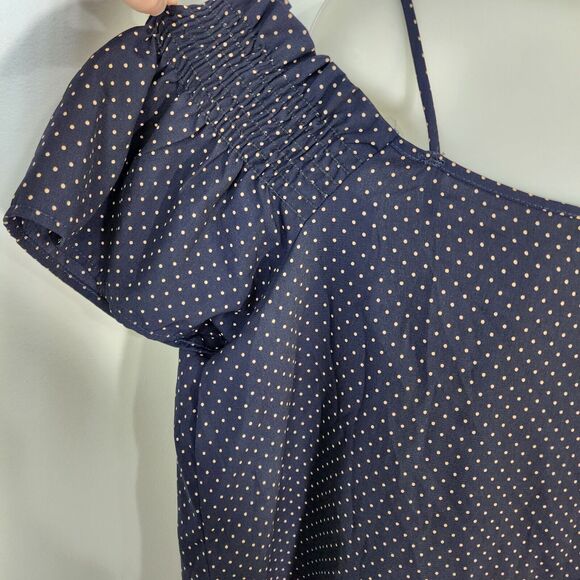 Jella C Womens Top Size XL Blue Tan Polka Dots Off the Shoulder Spaghetti Straps - Picture 3 of 8